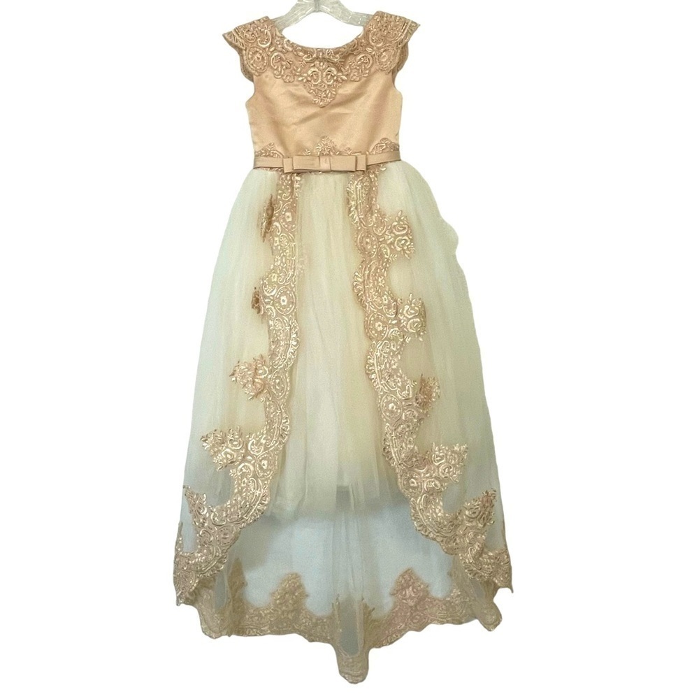 Girls satin, lace & tulle bridesmaid flower girl formal dress w/ train size 2-3 